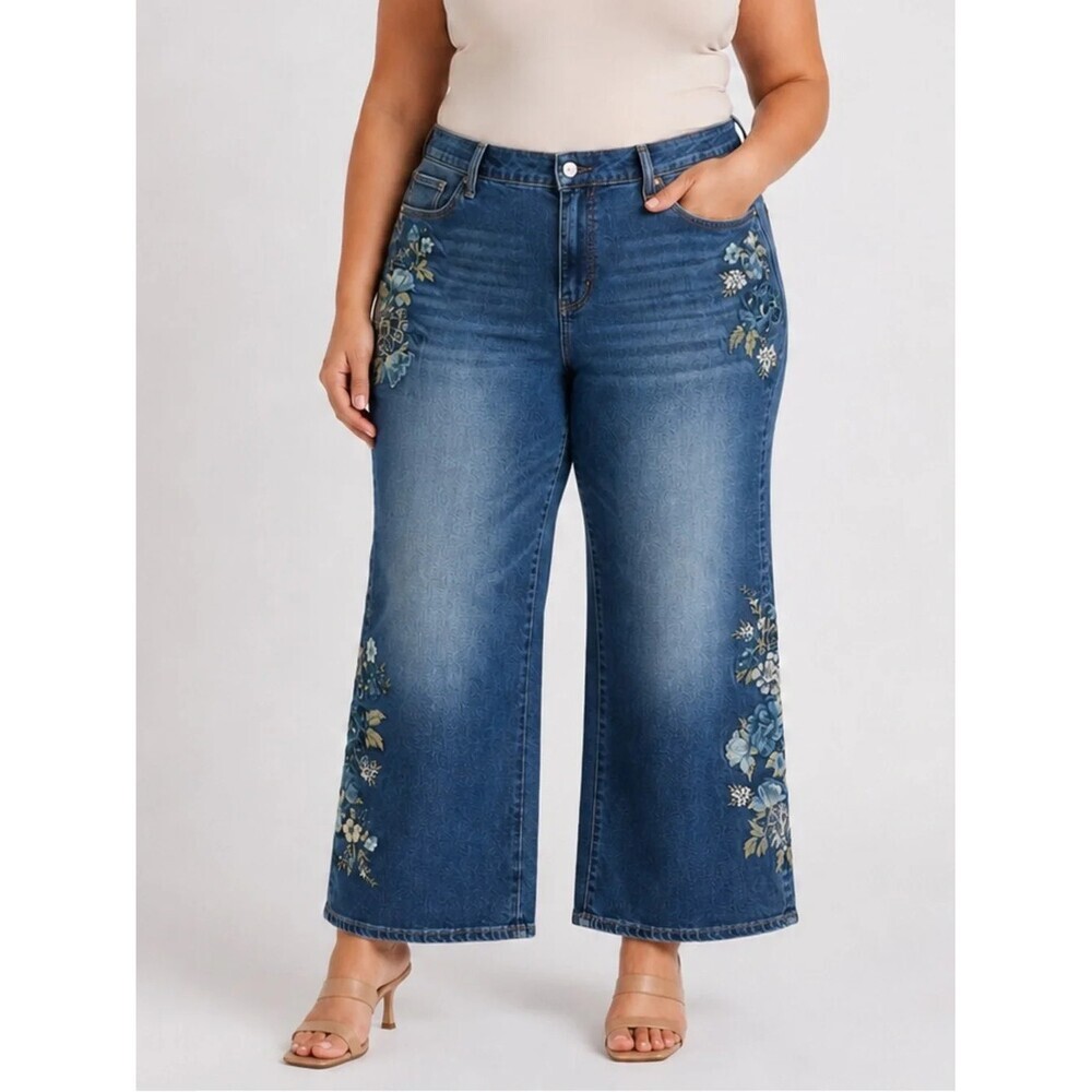 Driftwood Charlee Wide Leg Jeans Size 16 Floral Embroidery Boho High Rise Denim